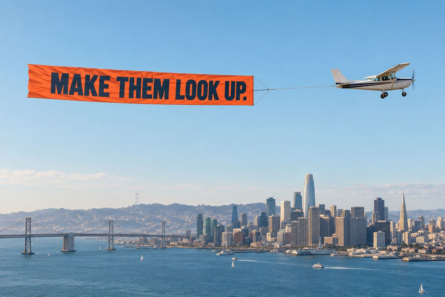 Concept of an orange advertising banner towed above San Francisco Bay